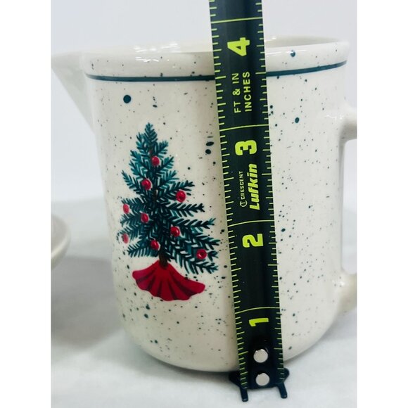 Vtg Holiday Stoneware Creamer & Sugar Set Christmas Tree Red Green Folk Craft - Picture 7 of 7